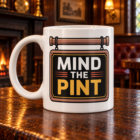 Mind The Pint – Funny British Pub Mug shown in a themed setting