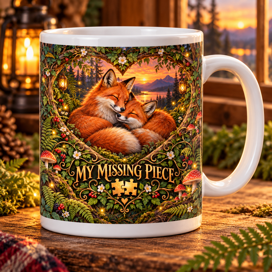 My Missing Piece — Woodland Foxes Mug – front design