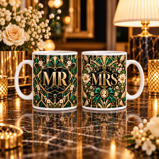 Mr and Mrs — Art Deco Celebration Mug Set – two-mug set front designs