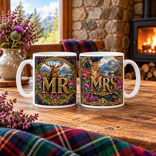 Mr and Mrs — Highland Tartan Mug Set – two-mug set front designs