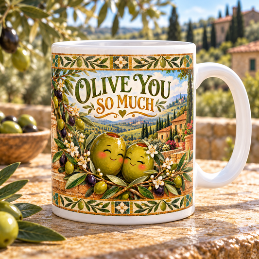 Olive You So Much — Tuscan Garden Mug – front design