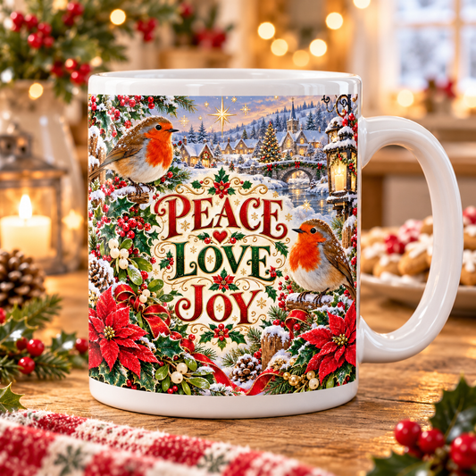 Peace Love Joy — Winter Robin Mug – front design