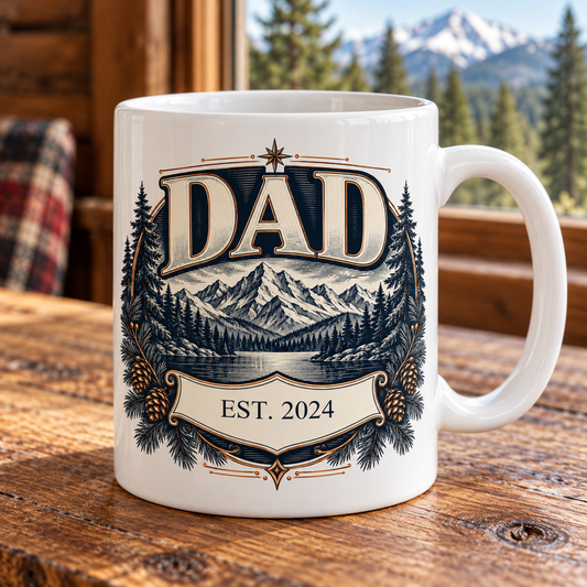 Personalised Dad Est. Mountain Heritage Mug — front view with example personalisation