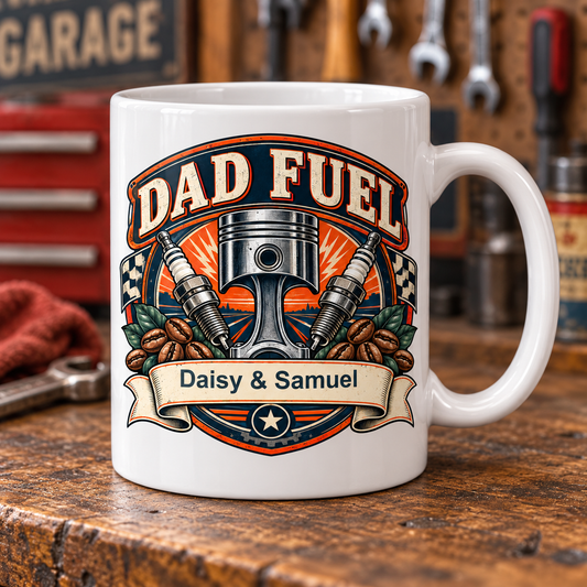 Personalised Dad Fuel Garage Mug — front view with example personalisation
