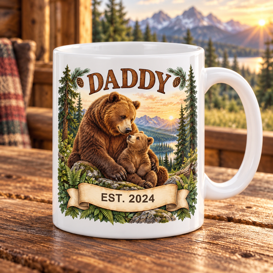 Personalised Daddy Est. Woodland Bear Mug — front view with example personalisation
