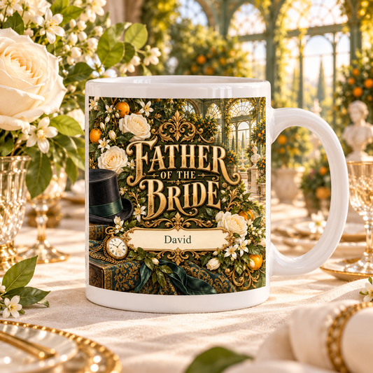 Personalised Father of the Bride — Orangery Wedding Mug — front design; example personalisation