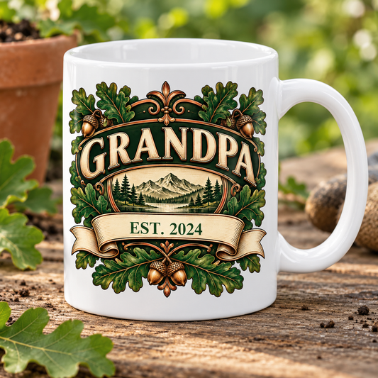 Personalised Grandpa Est. Oak Heritage Mug — front view with example personalisation
