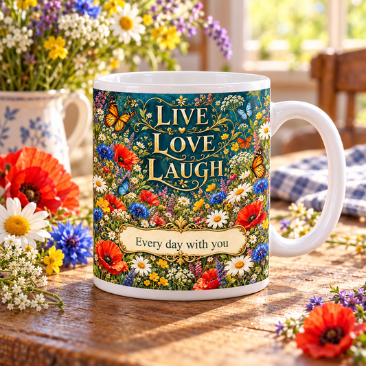 Personalised Live Love Laugh — Wildflower Meadow Mug — front view; example personalisation