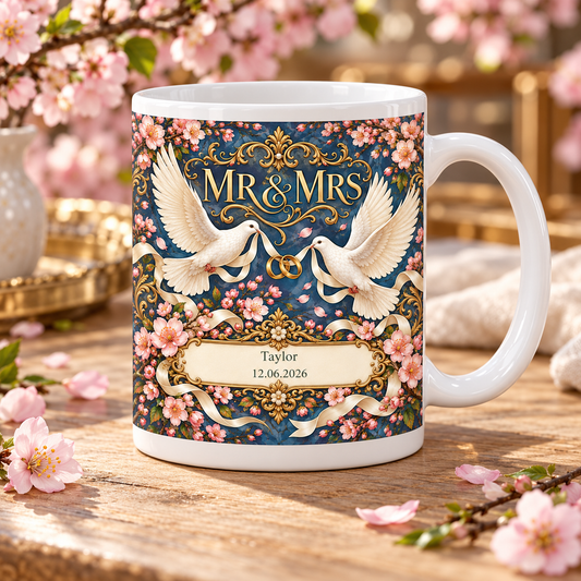 Personalised Mr and Mrs — Cherry Blossom Wedding Mug — front view; example personalisation