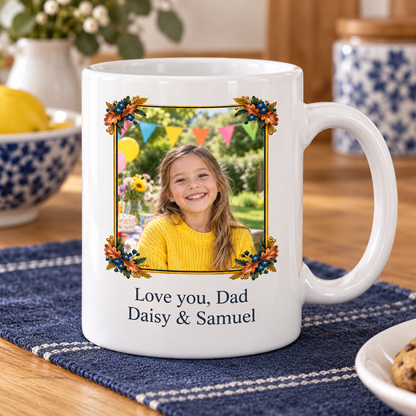 Personalised Dad Copper Oak Photo Mug — front view with example personalisation