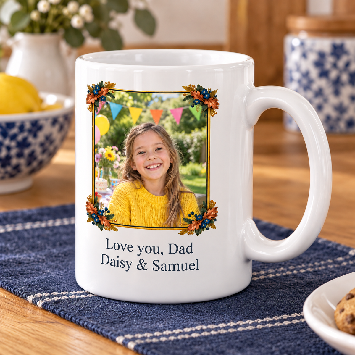 Personalised Dad Copper Oak Photo Mug — angled view with example personalisation