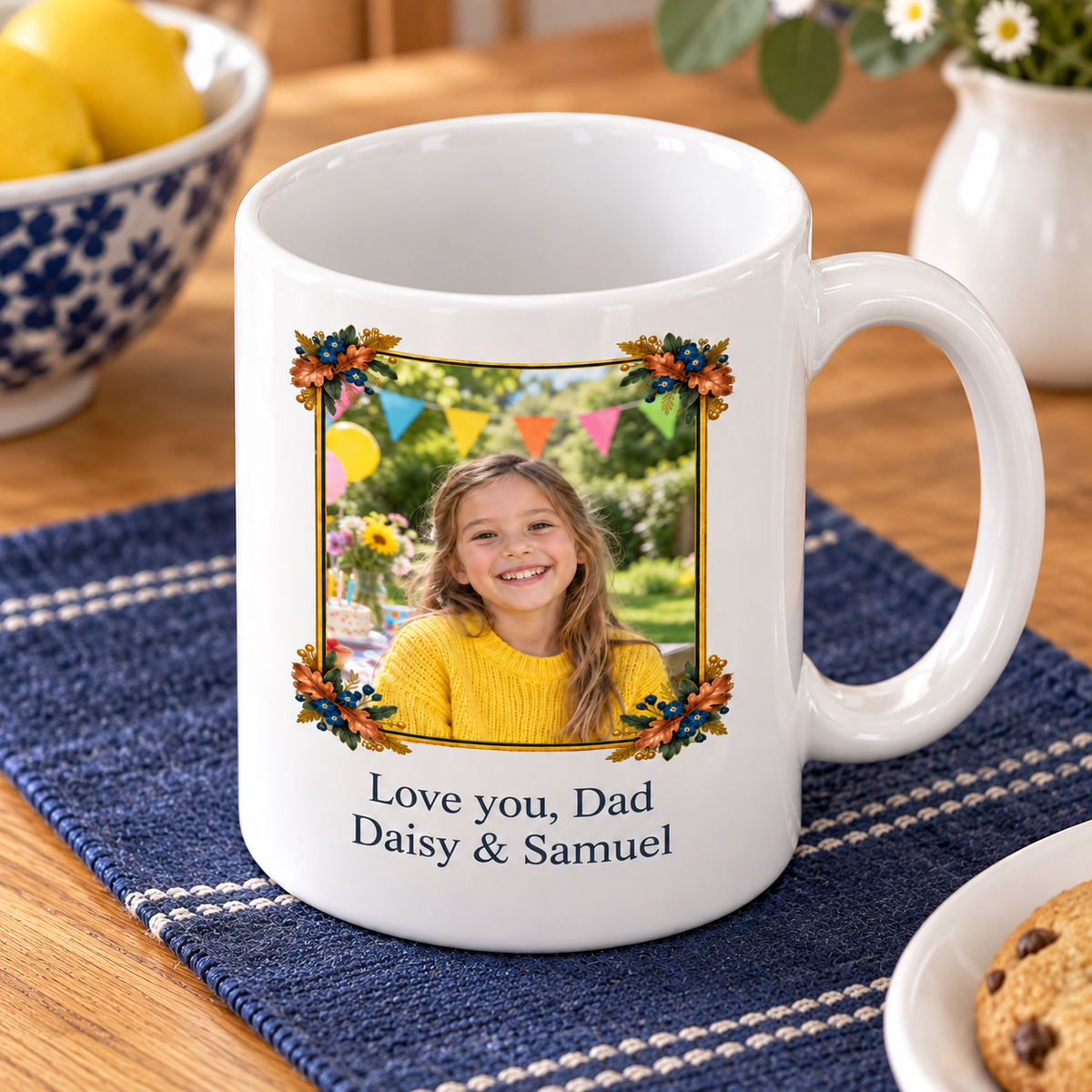 Personalised Dad Copper Oak Photo Mug — close view with example personalisation