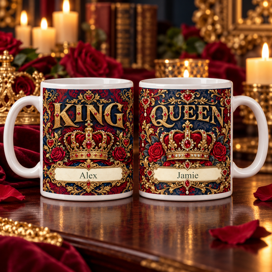 Personalised King and Queen — Royal Hearts Mug Set — front view; example personalisation