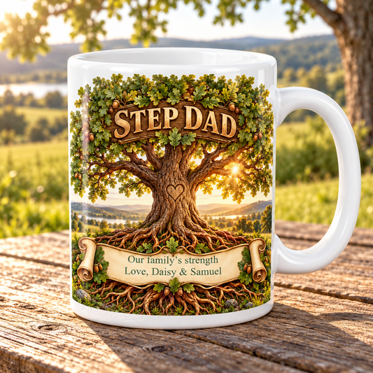 Personalised Step Dad Family Oak Mug — front view with example personalisation