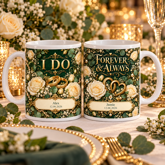 Personalised Wedding — Forever Vows Mug Set — front view; example personalisation