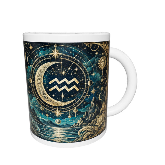 Aquarius Celestial zodiac mug 360 degree view with white top and bottom borders