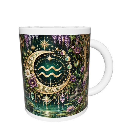 Aquarius Enchanted Garden zodiac mug 360 degree view with white top and bottom borders