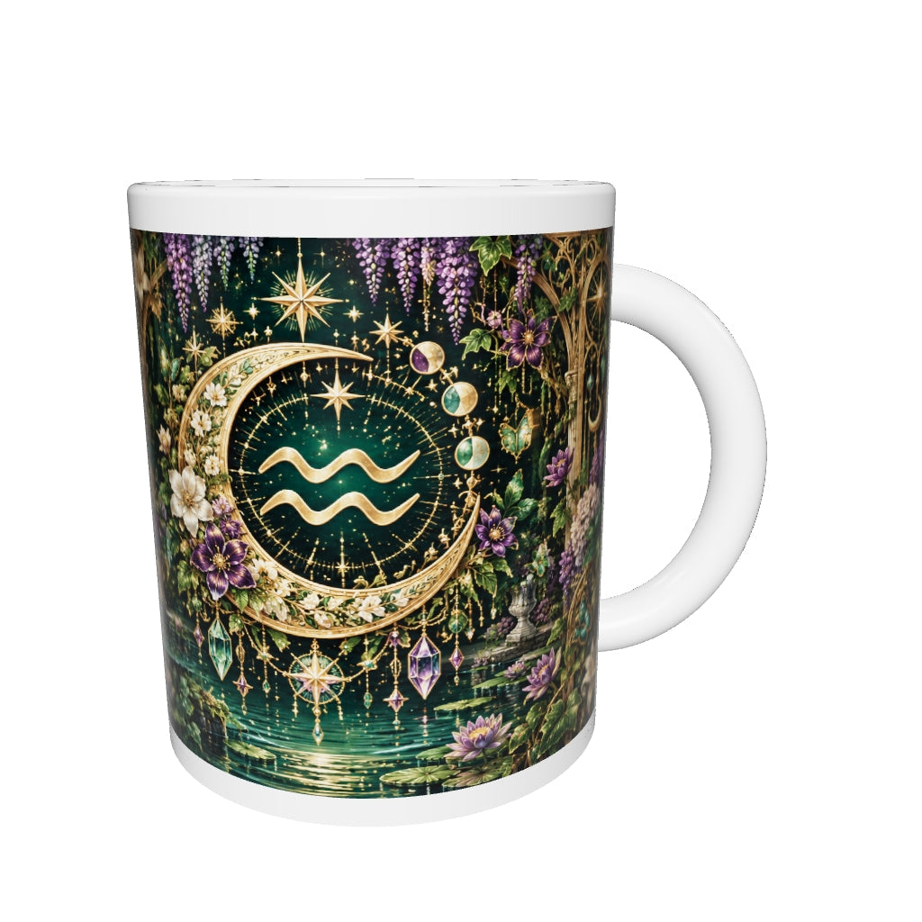 Aquarius Enchanted Garden zodiac mug 360 degree view with white top and bottom borders