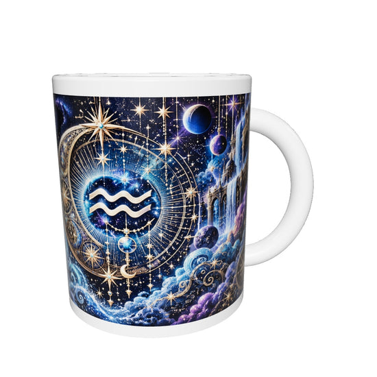 Aquarius Cosmic Tapestry zodiac mug 360 degree view with white top and bottom borders