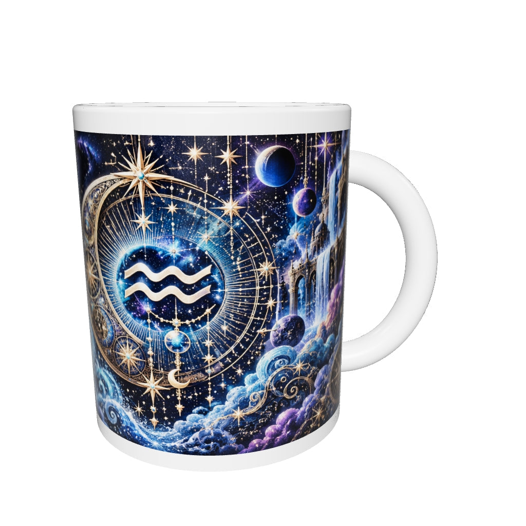Aquarius Cosmic Tapestry zodiac mug 360 degree view with white top and bottom borders