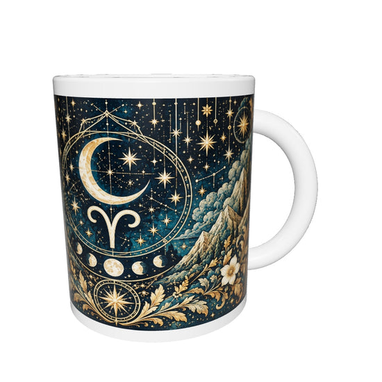Aries Celestial zodiac mug 360 degree view with white top and bottom borders