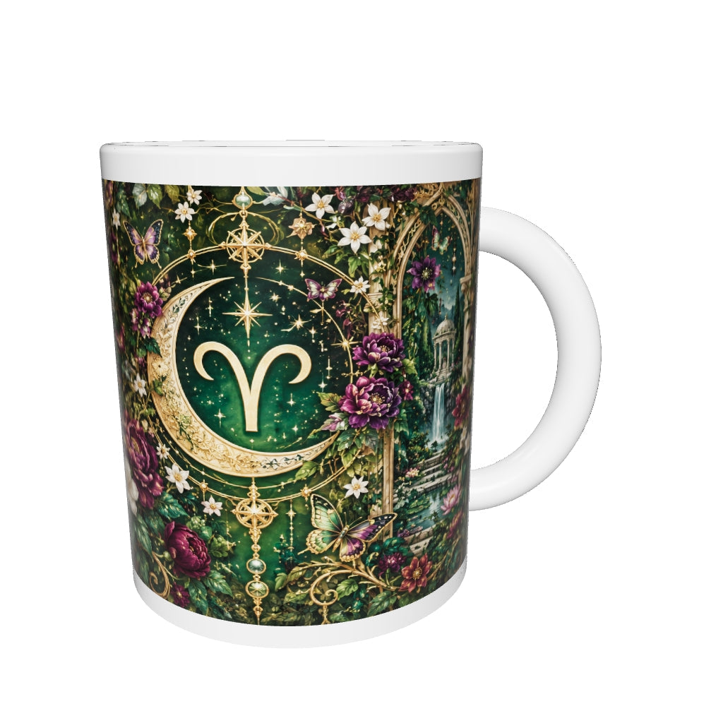 Aries Enchanted Garden zodiac mug 360 degree view with white top and bottom borders