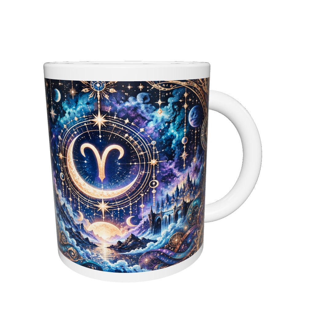 Aries Cosmic Tapestry zodiac mug 360 degree view with white top and bottom borders
