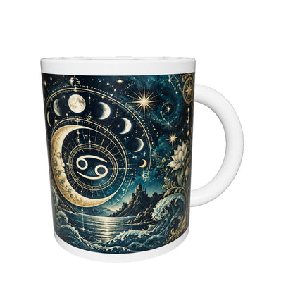 Cancer Celestial zodiac mug 360 degree view with white top and bottom borders