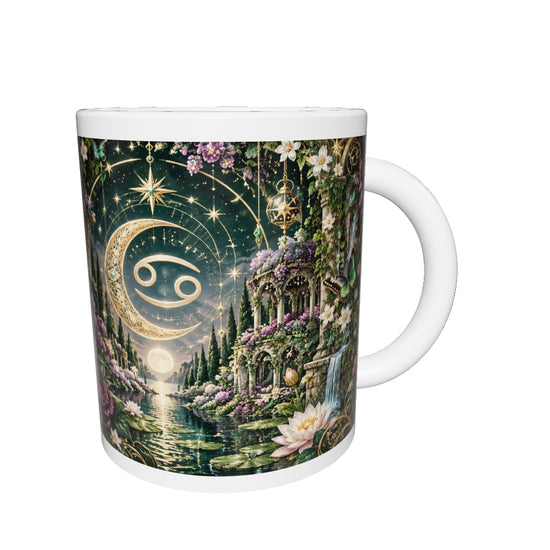 Cancer Enchanted Garden zodiac mug 360 degree view with white top and bottom borders