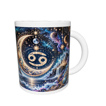 Cancer Cosmic Tapestry zodiac mug 360 degree view with white top and bottom borders
