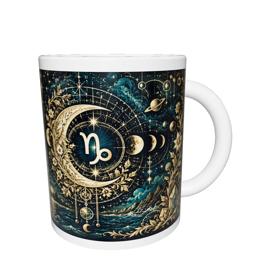 Capricorn Celestial zodiac mug 360 degree view with white top and bottom borders