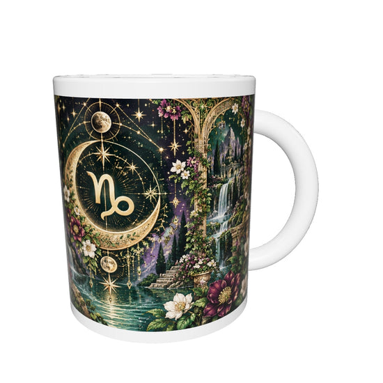 Capricorn Enchanted Garden zodiac mug 360 degree view with white top and bottom borders