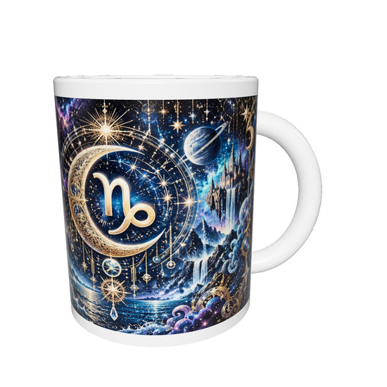 Capricorn Cosmic Tapestry zodiac mug 360 degree view with white top and bottom borders