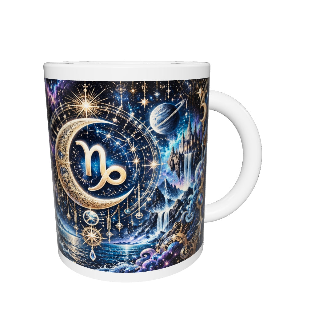Capricorn Cosmic Tapestry zodiac mug 360 degree view with white top and bottom borders