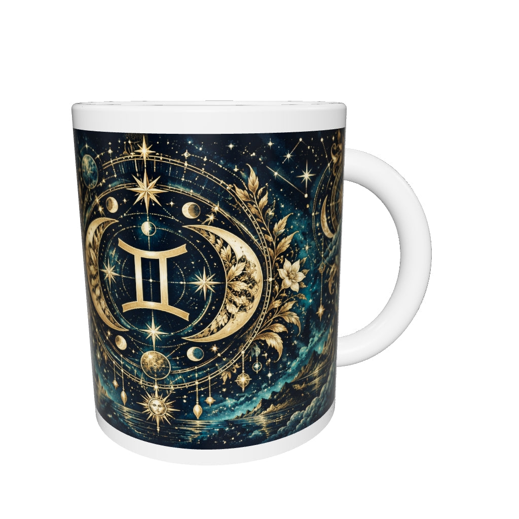 Gemini Celestial zodiac mug 360 degree view with white top and bottom borders