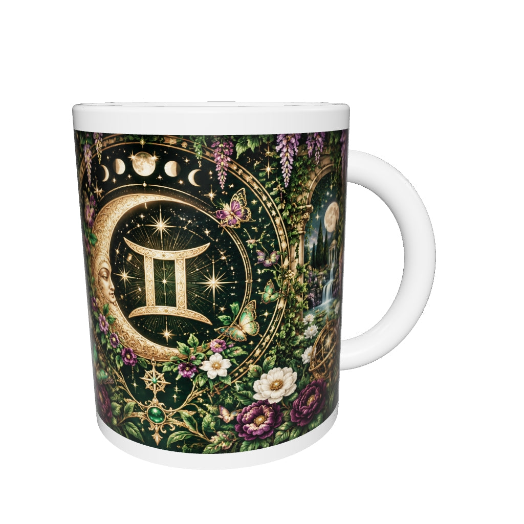 Gemini Enchanted Garden zodiac mug 360 degree view with white top and bottom borders