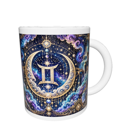 Gemini Cosmic Tapestry zodiac mug 360 degree view with white top and bottom borders