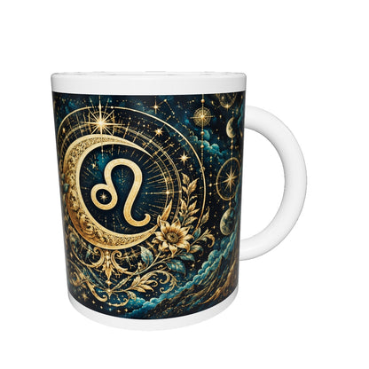 Leo Celestial zodiac mug 360 degree view with white top and bottom borders