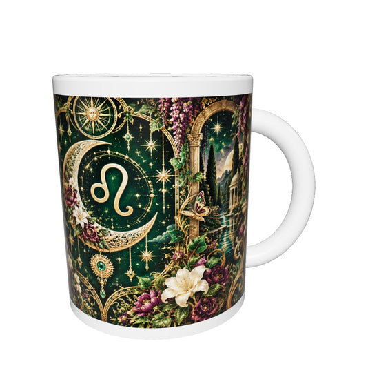 Leo Enchanted Garden zodiac mug 360 degree view with white top and bottom borders