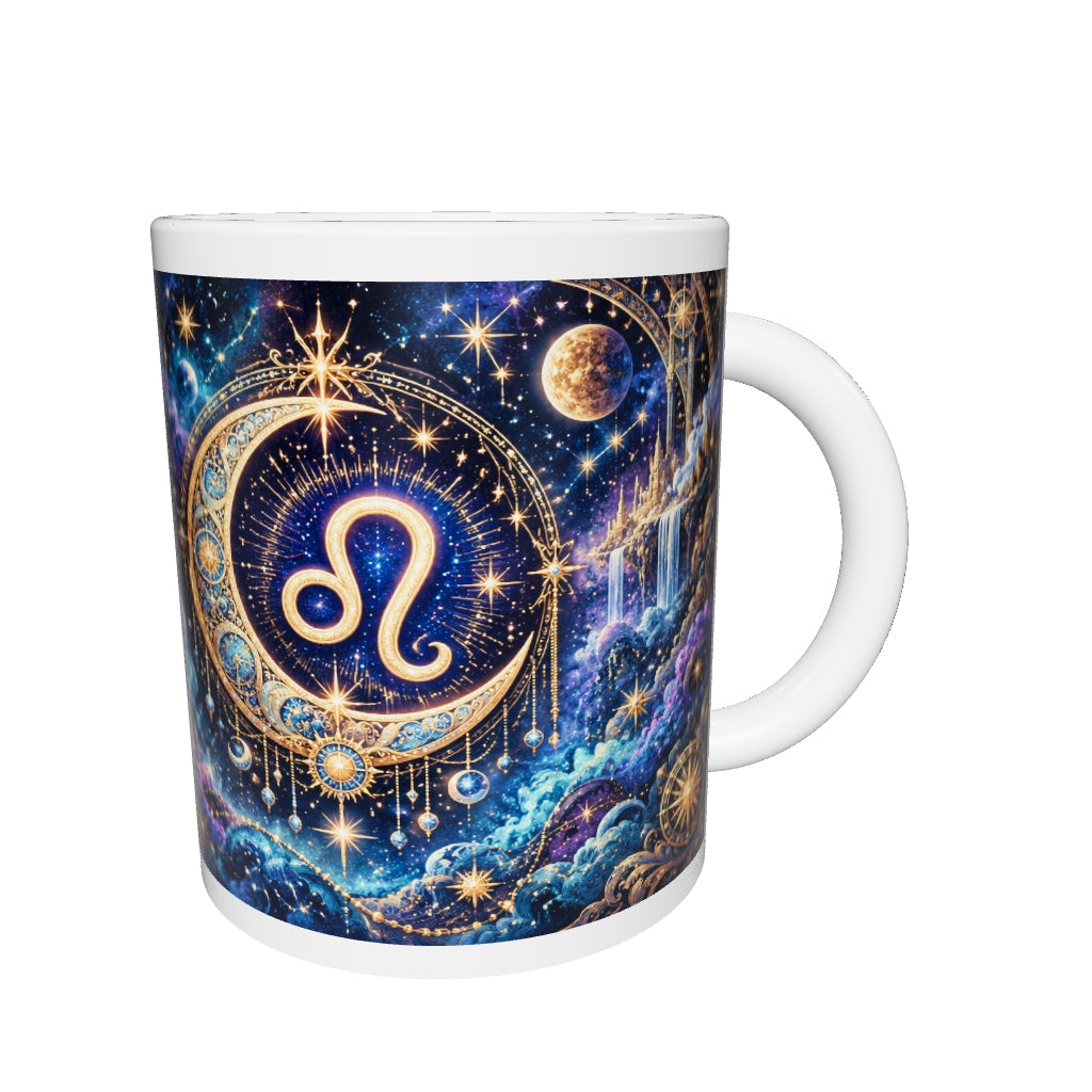Leo Cosmic Tapestry zodiac mug 360 degree view with white top and bottom borders