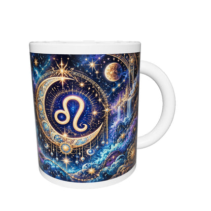 Leo Cosmic Tapestry zodiac mug 360 degree view with white top and bottom borders
