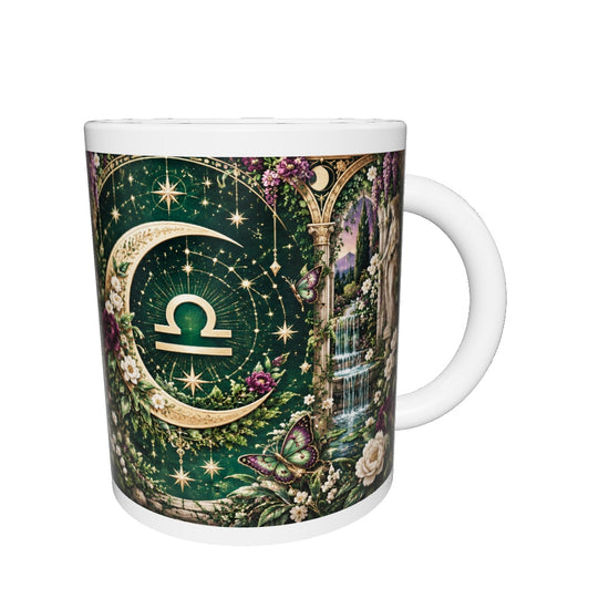 Libra Enchanted Garden zodiac mug 360 degree view with white top and bottom borders