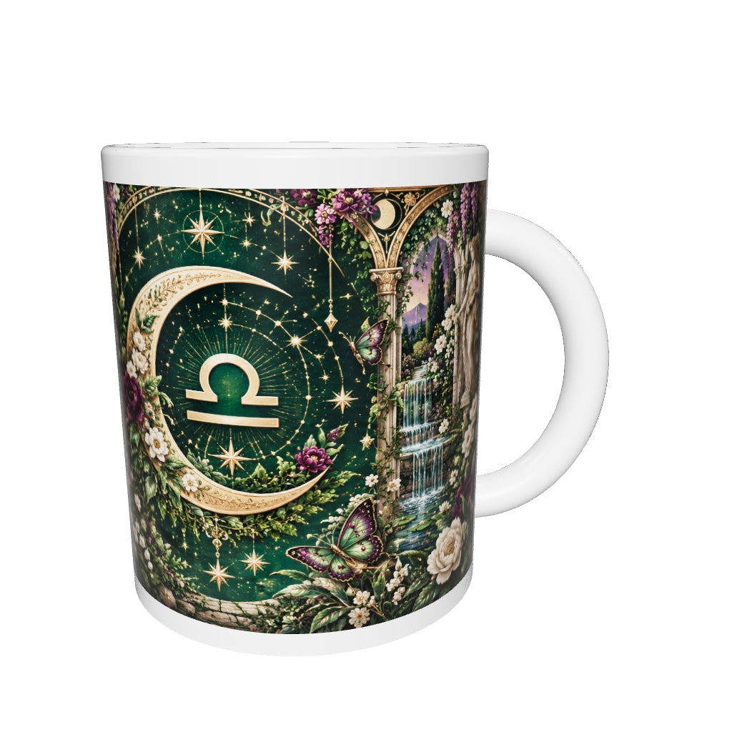 Libra Enchanted Garden zodiac mug 360 degree view with white top and bottom borders