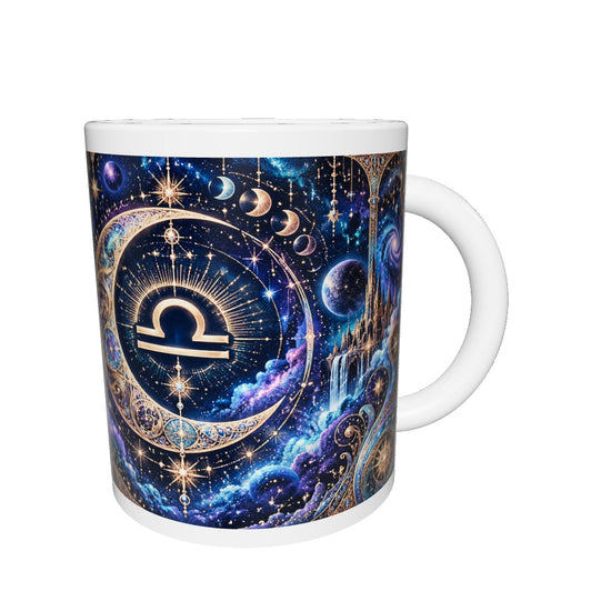 Libra Cosmic Tapestry zodiac mug 360 degree view with white top and bottom borders