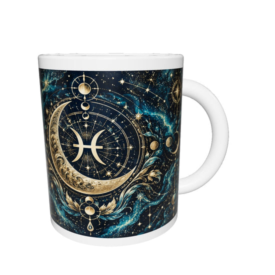 Pisces Celestial zodiac mug 360 degree view with white top and bottom borders