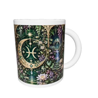 Pisces Enchanted Garden zodiac mug 360 degree view with white top and bottom borders