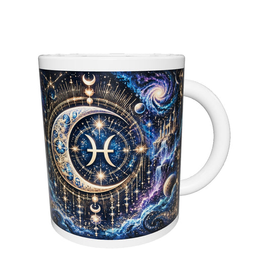 Pisces Cosmic Tapestry zodiac mug 360 degree view with white top and bottom borders