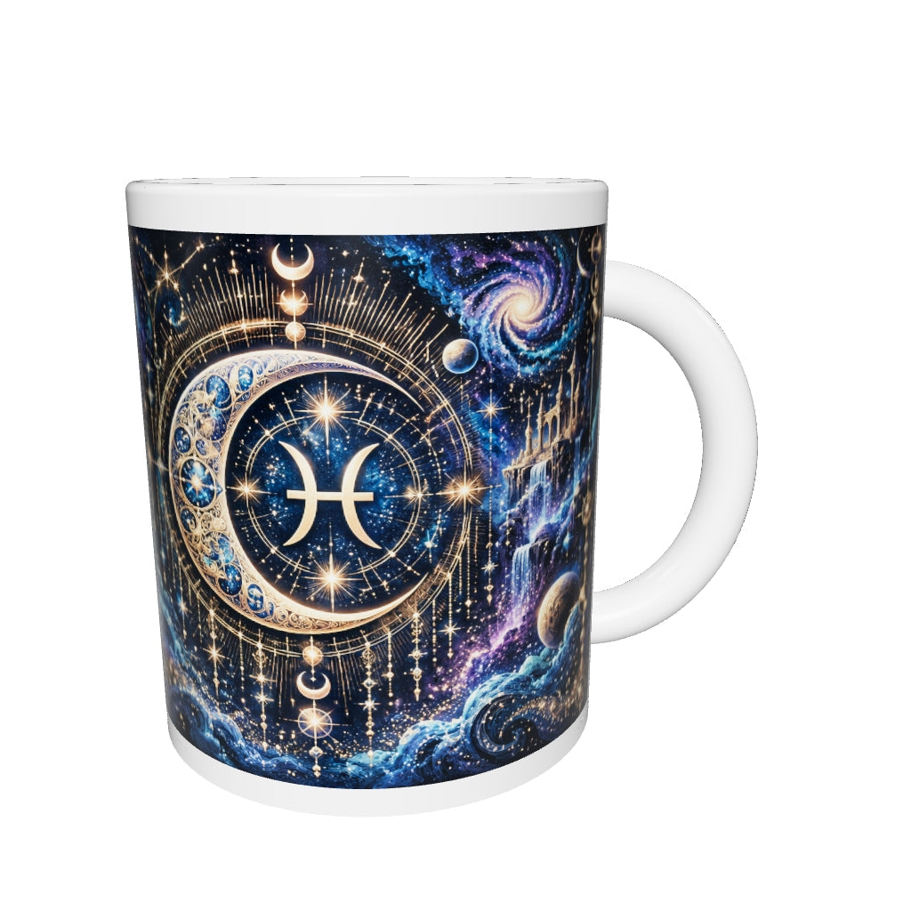 Pisces Cosmic Tapestry zodiac mug 360 degree view with white top and bottom borders