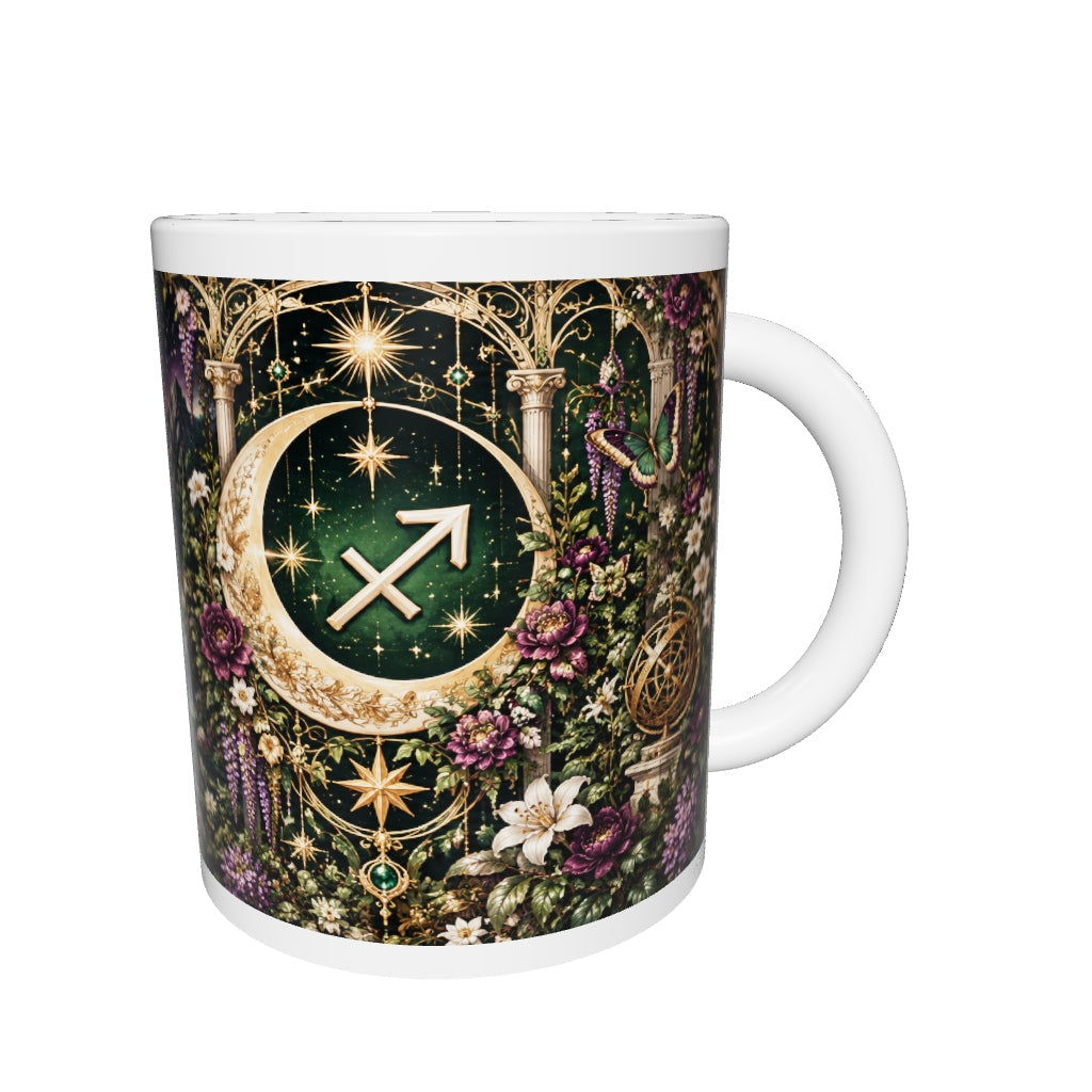 Sagittarius Enchanted Garden zodiac mug 360 degree view with white top and bottom borders