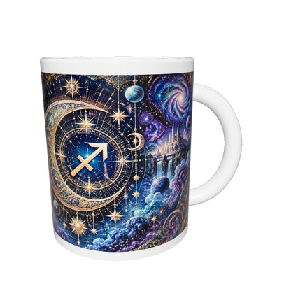 Sagittarius Cosmic Tapestry zodiac mug 360 degree view with white top and bottom borders